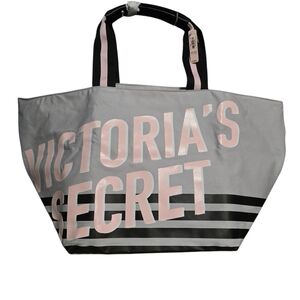 Victoria's Secret X-Large Gray, Pink & Black Stripe Beach Shopper Tote Bag NWT